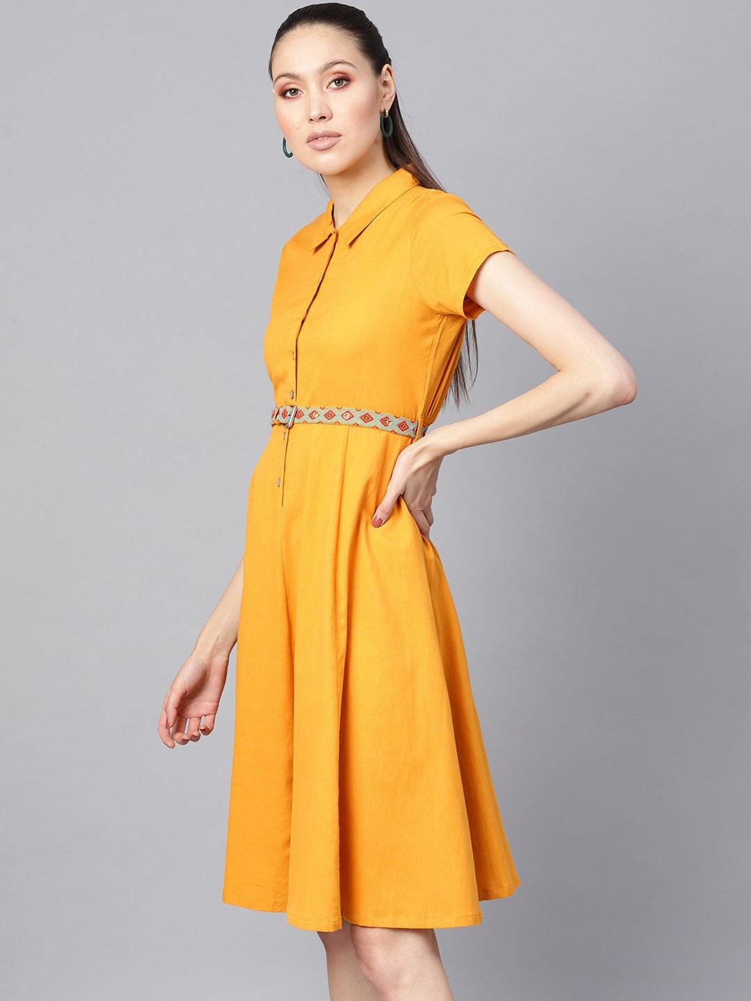 Women's Mustard Embroidered Belt Ethnic Midi Dress - SASSAFRAS