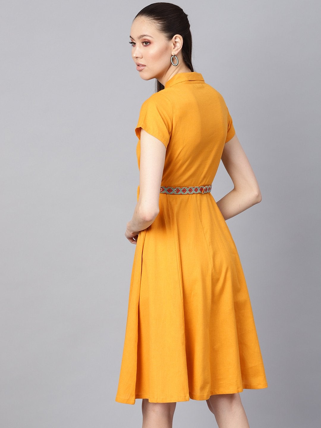 Women's Mustard Embroidered Belt Ethnic Midi Dress - SASSAFRAS