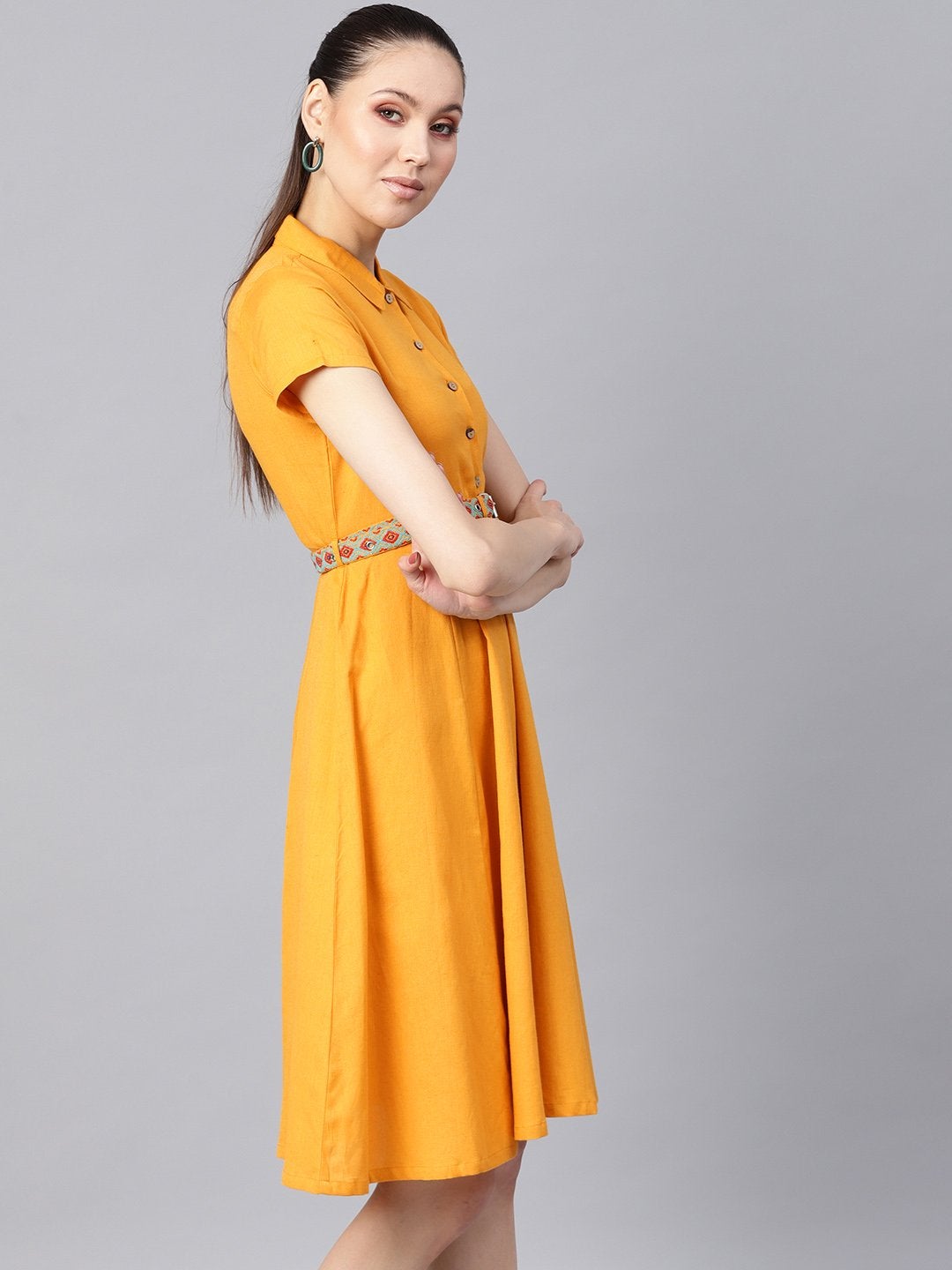 Women's Mustard Embroidered Belt Ethnic Midi Dress - SASSAFRAS