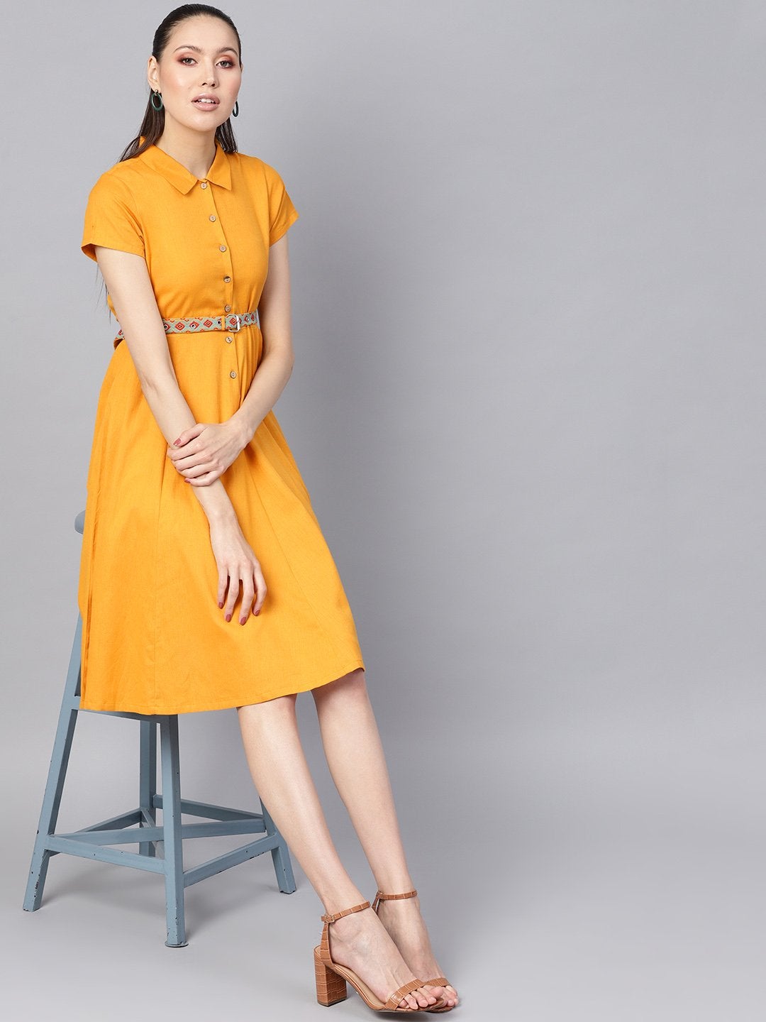 Women's Mustard Embroidered Belt Ethnic Midi Dress - SASSAFRAS