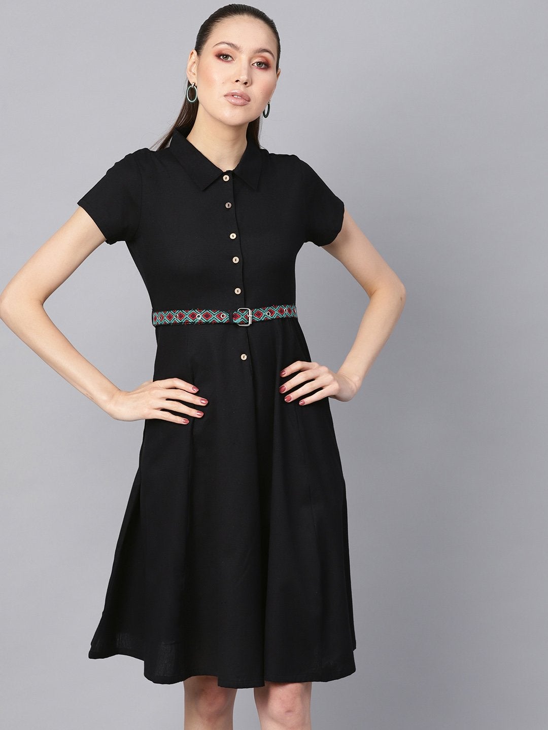 Women's Black Embroidered Belt Ethnic Midi Dress - SASSAFRAS