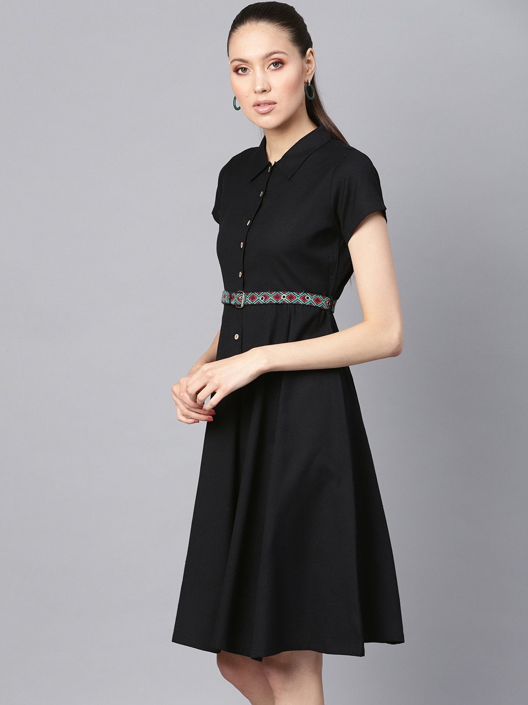 Women's Black Embroidered Belt Ethnic Midi Dress - SASSAFRAS