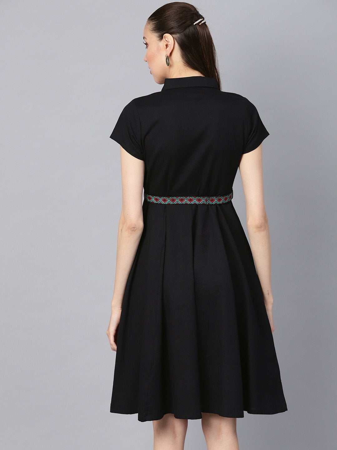 Women's Black Embroidered Belt Ethnic Midi Dress - SASSAFRAS