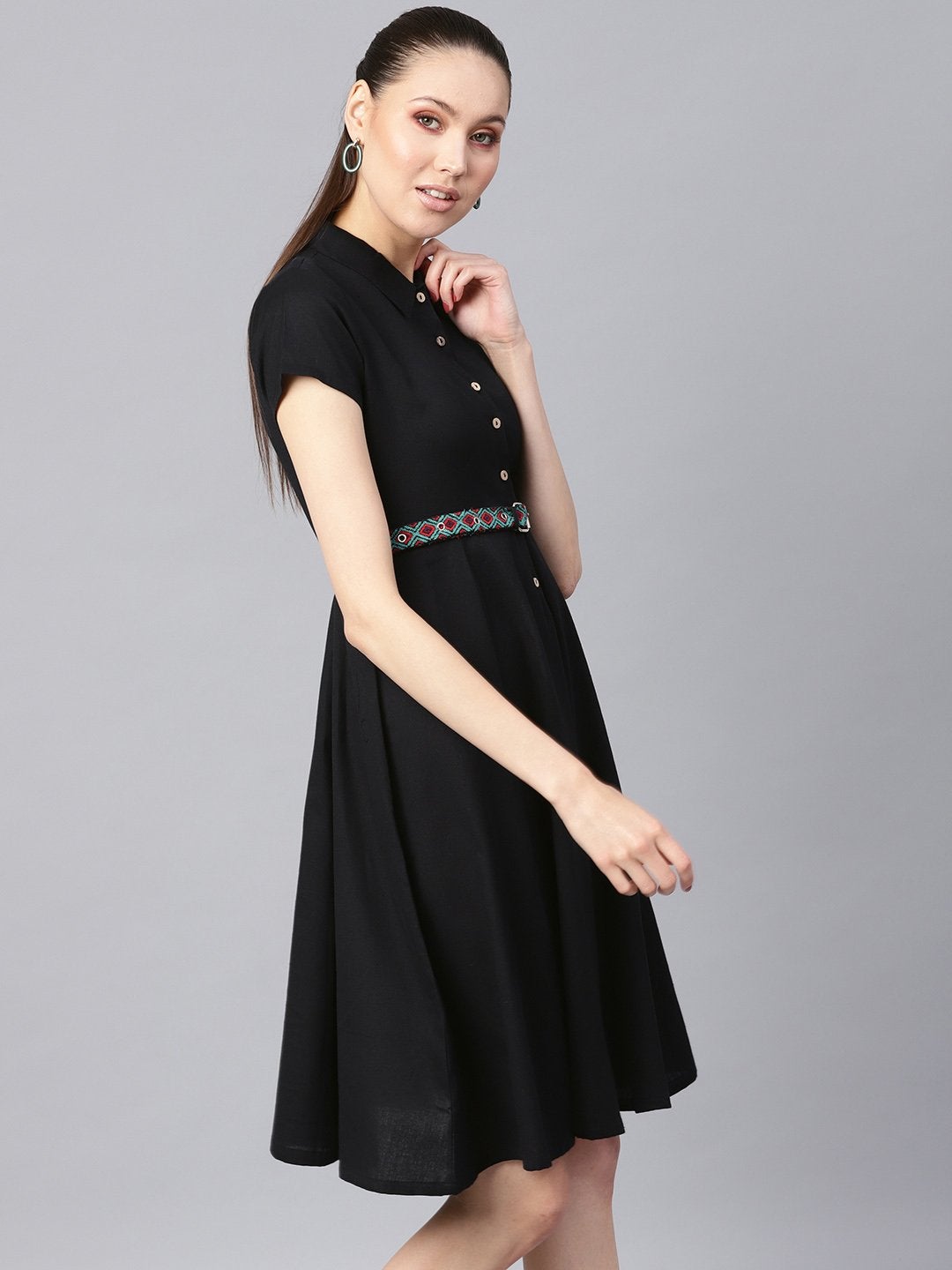 Women's Black Embroidered Belt Ethnic Midi Dress - SASSAFRAS