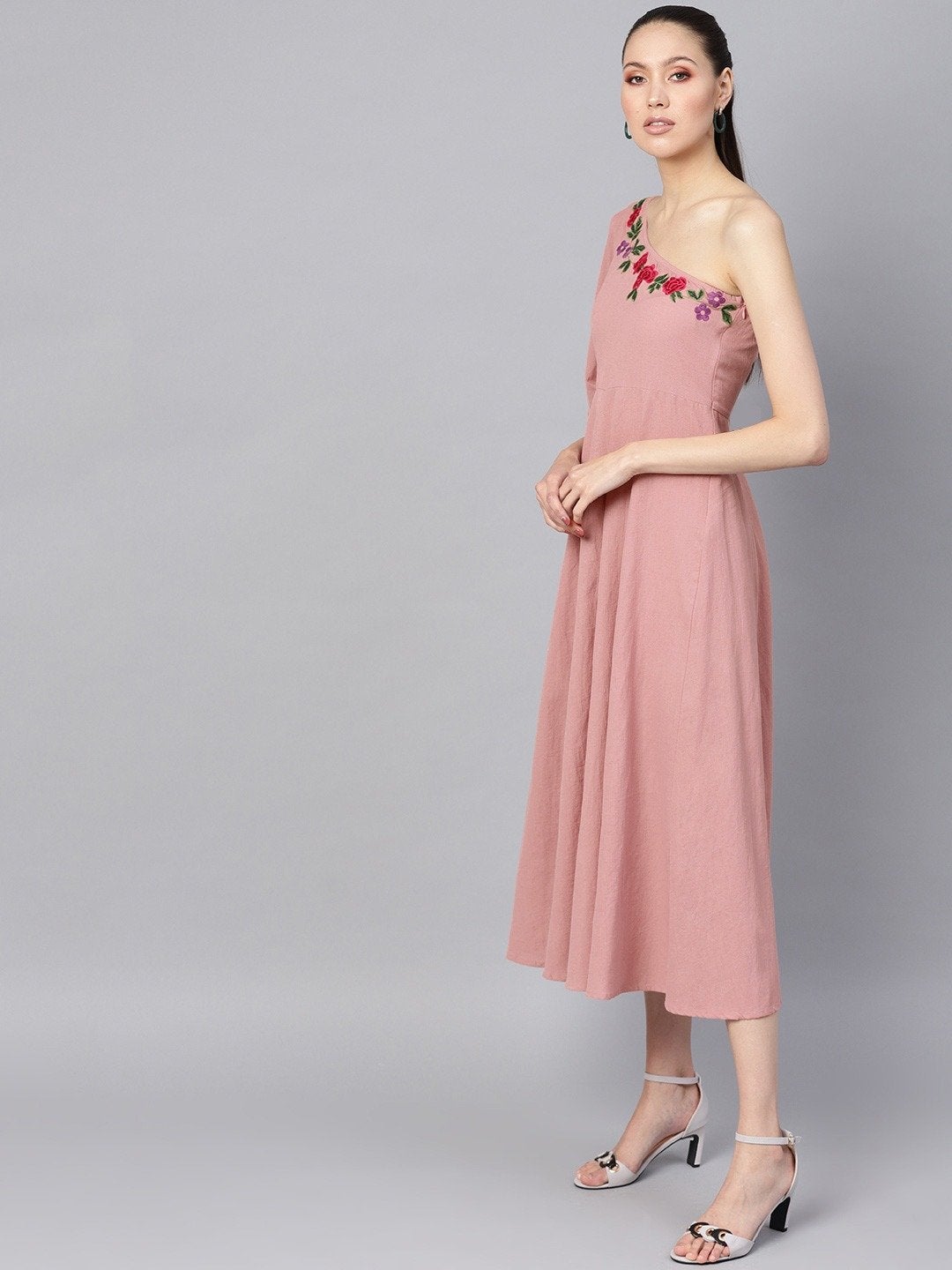 Women's Pink Embroidered One Shoulder Midi - SASSAFRAS