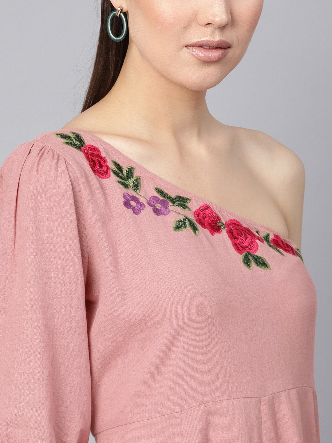 Women's Pink Embroidered One Shoulder Midi - SASSAFRAS