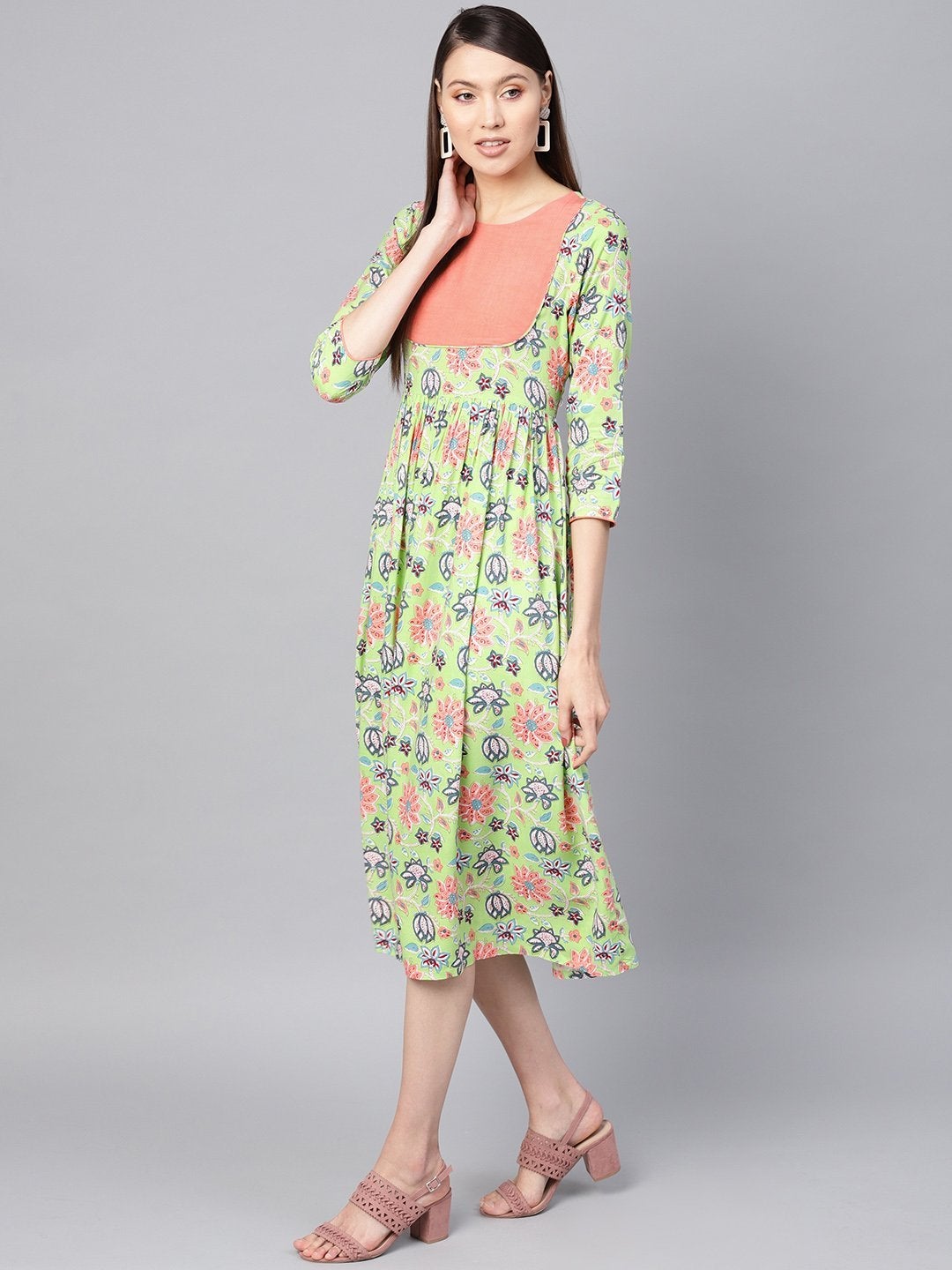 Women's Green Floral Gathered Yoke Dress - SASSAFRAS