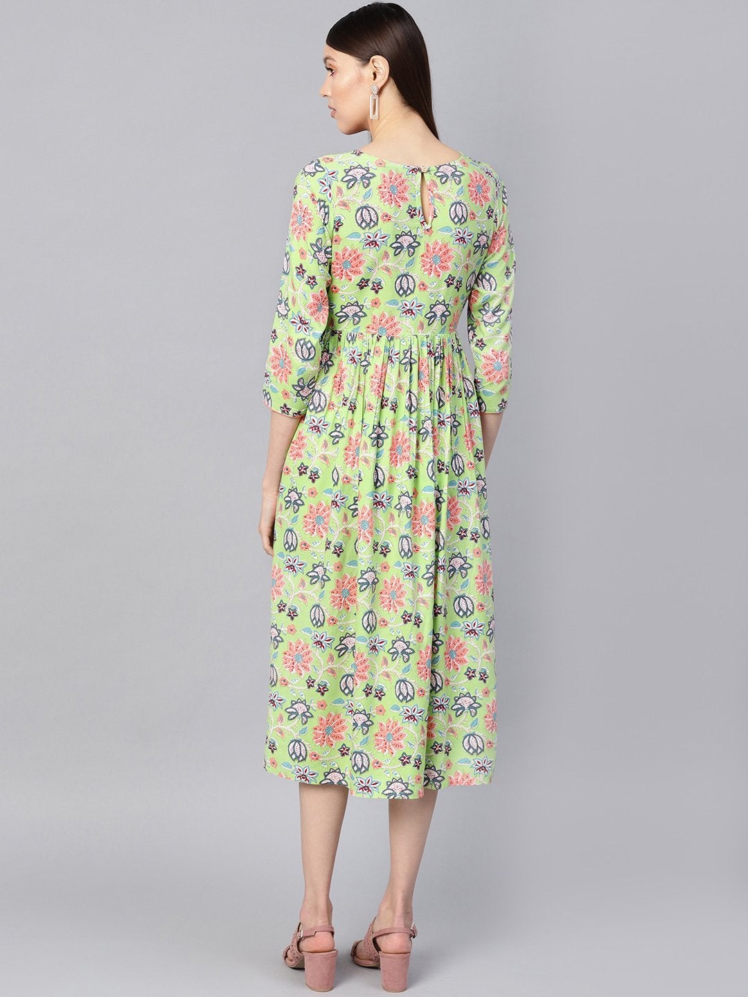 Women's Green Floral Gathered Yoke Dress - SASSAFRAS