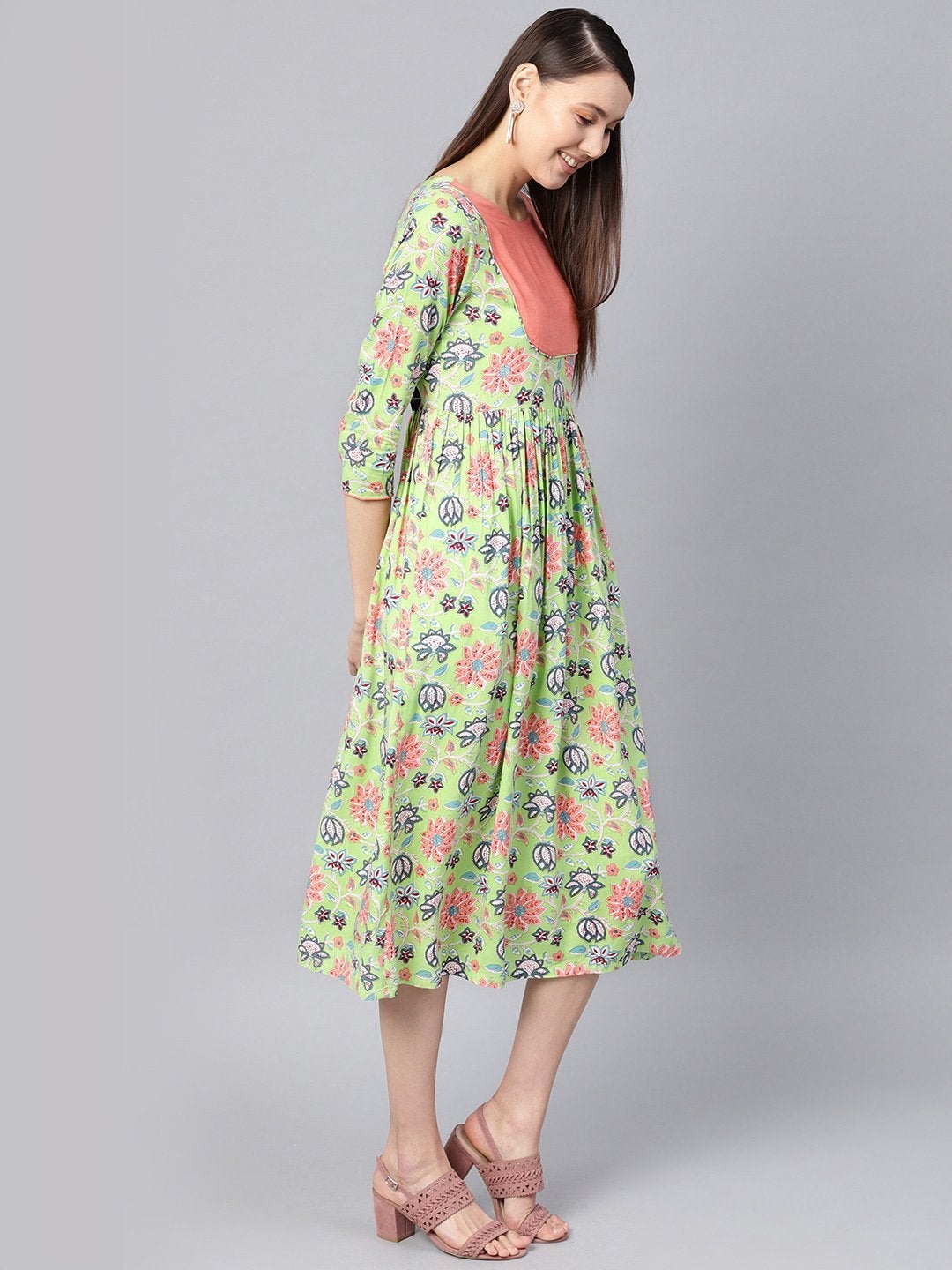 Women's Green Floral Gathered Yoke Dress - SASSAFRAS