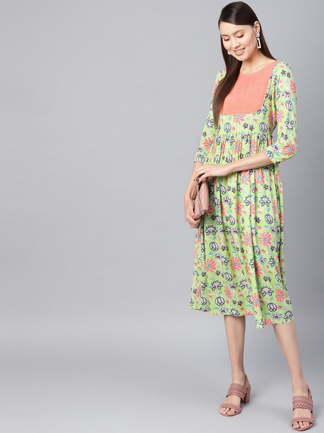 Women's Green Floral Gathered Yoke Dress - SASSAFRAS