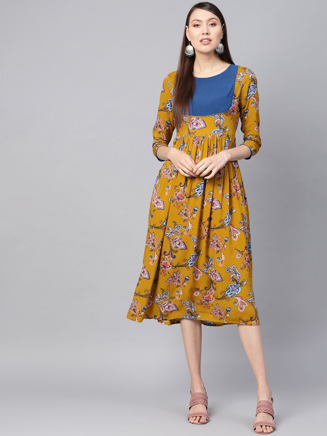 Women's Mustard Paisley Gathered Yoke Dress - SASSAFRAS