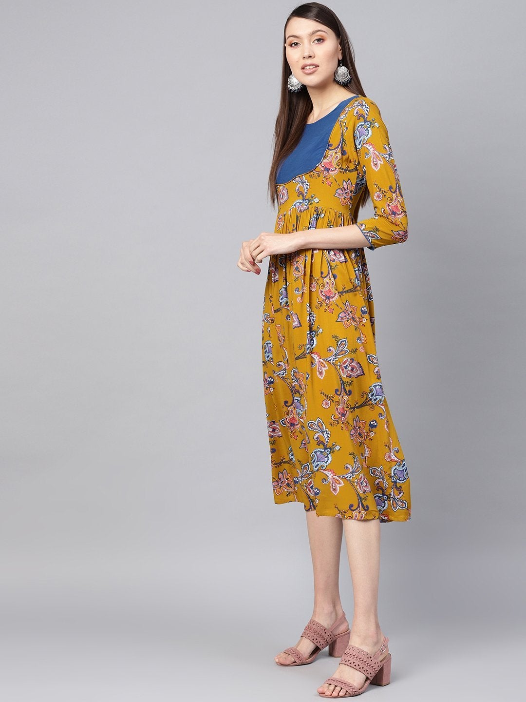 Women's Mustard Paisley Gathered Yoke Dress - SASSAFRAS