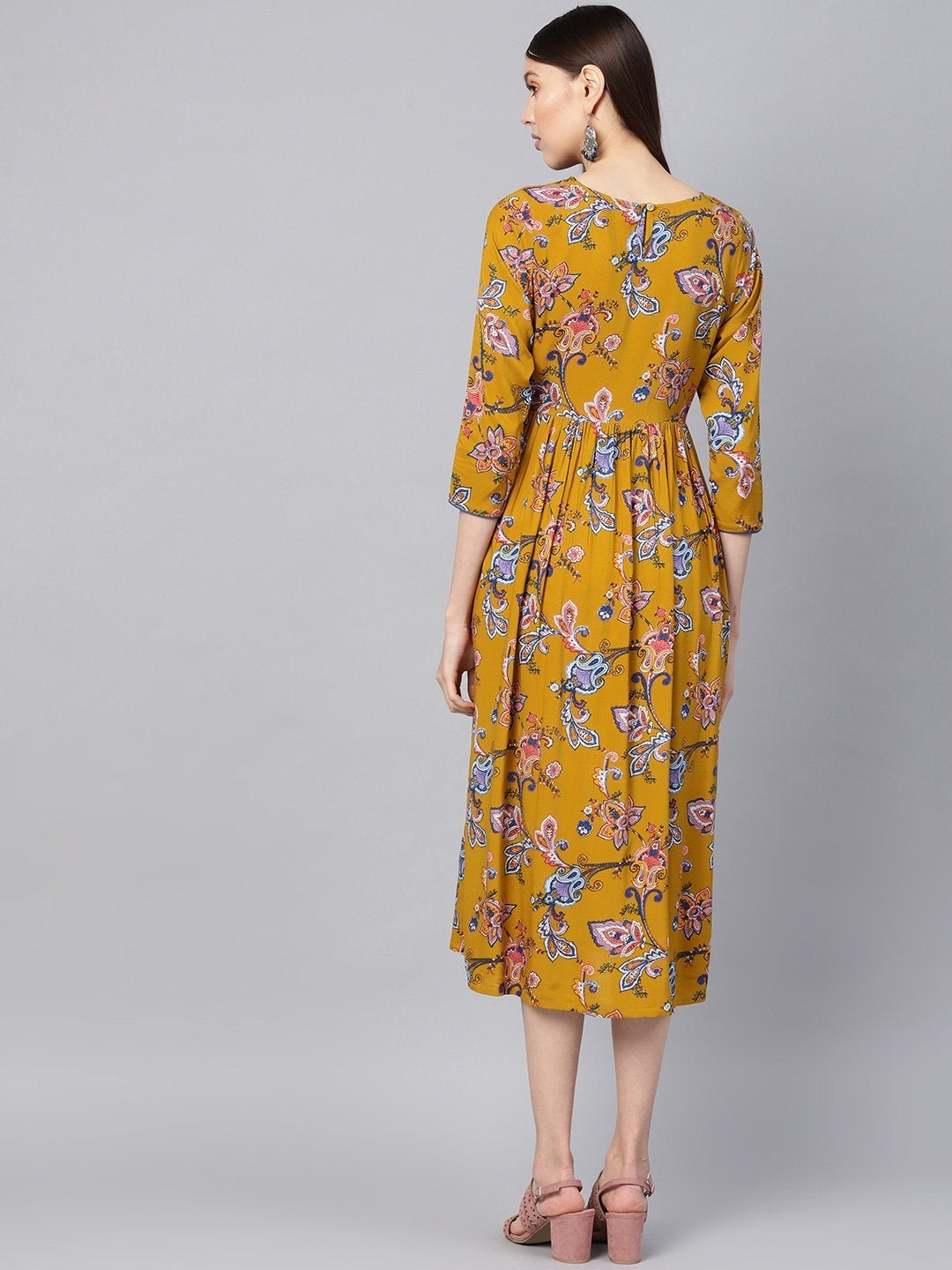 Women's Mustard Paisley Gathered Yoke Dress - SASSAFRAS