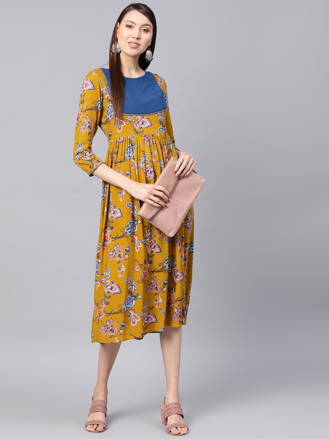 Women's Mustard Paisley Gathered Yoke Dress - SASSAFRAS