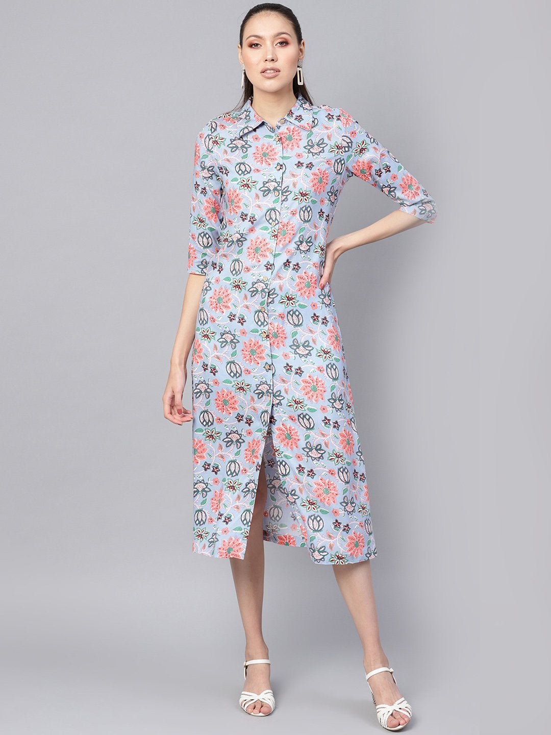 Women's Blue Floral Collared Shirt Maxi - SASSAFRAS