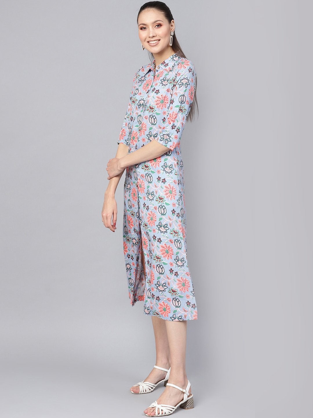 Women's Blue Floral Collared Shirt Maxi - SASSAFRAS