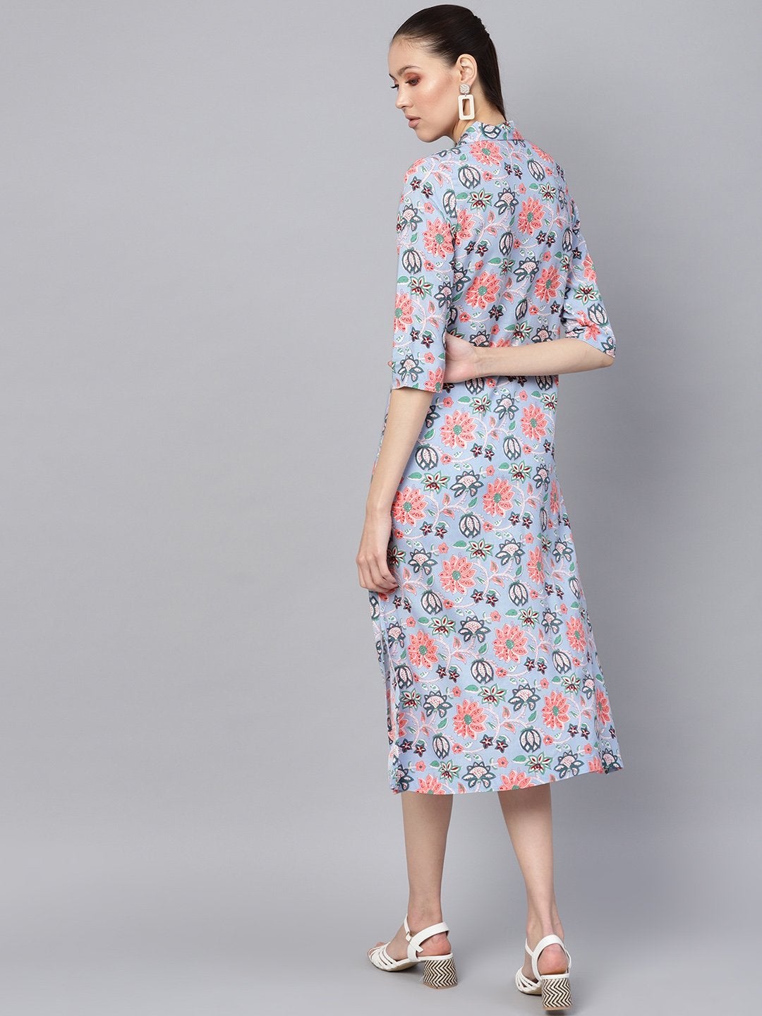 Women's Blue Floral Collared Shirt Maxi - SASSAFRAS