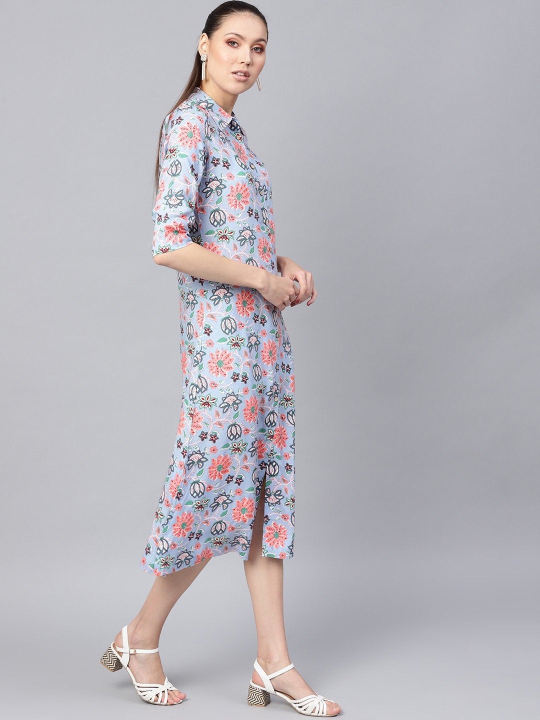 Women's Blue Floral Collared Shirt Maxi - SASSAFRAS