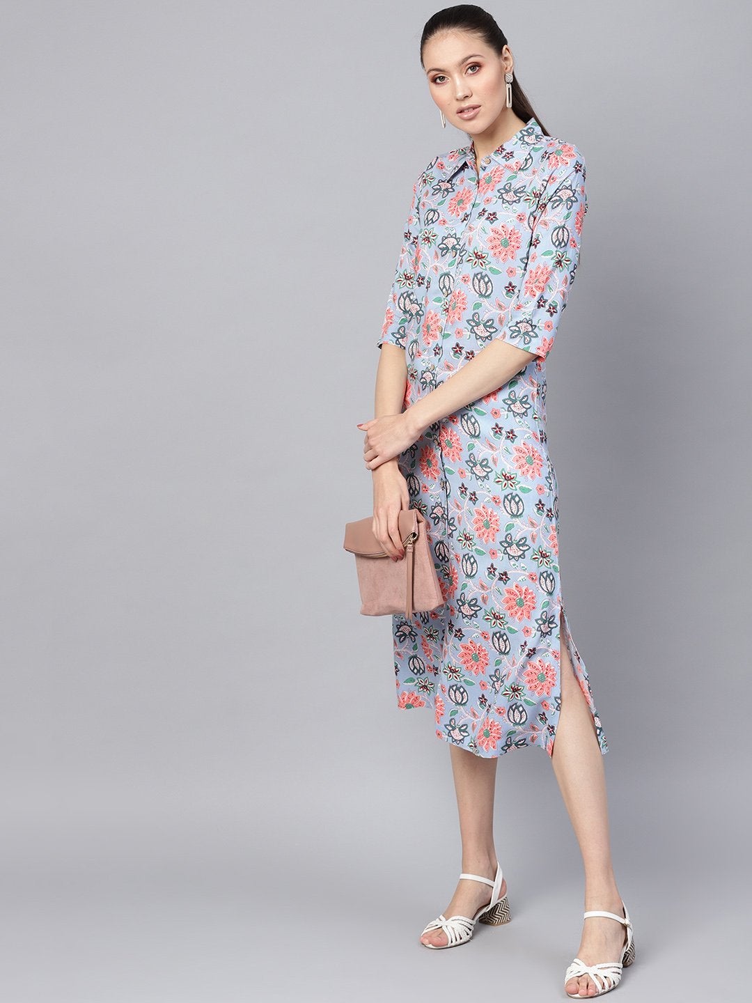 Women's Blue Floral Collared Shirt Maxi - SASSAFRAS