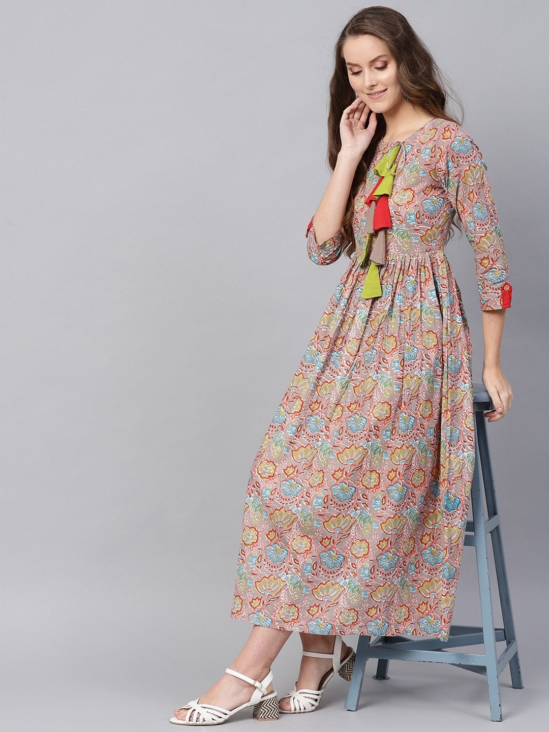 Women's Grey Orange Floral Gathered Maxi - SASSAFRAS