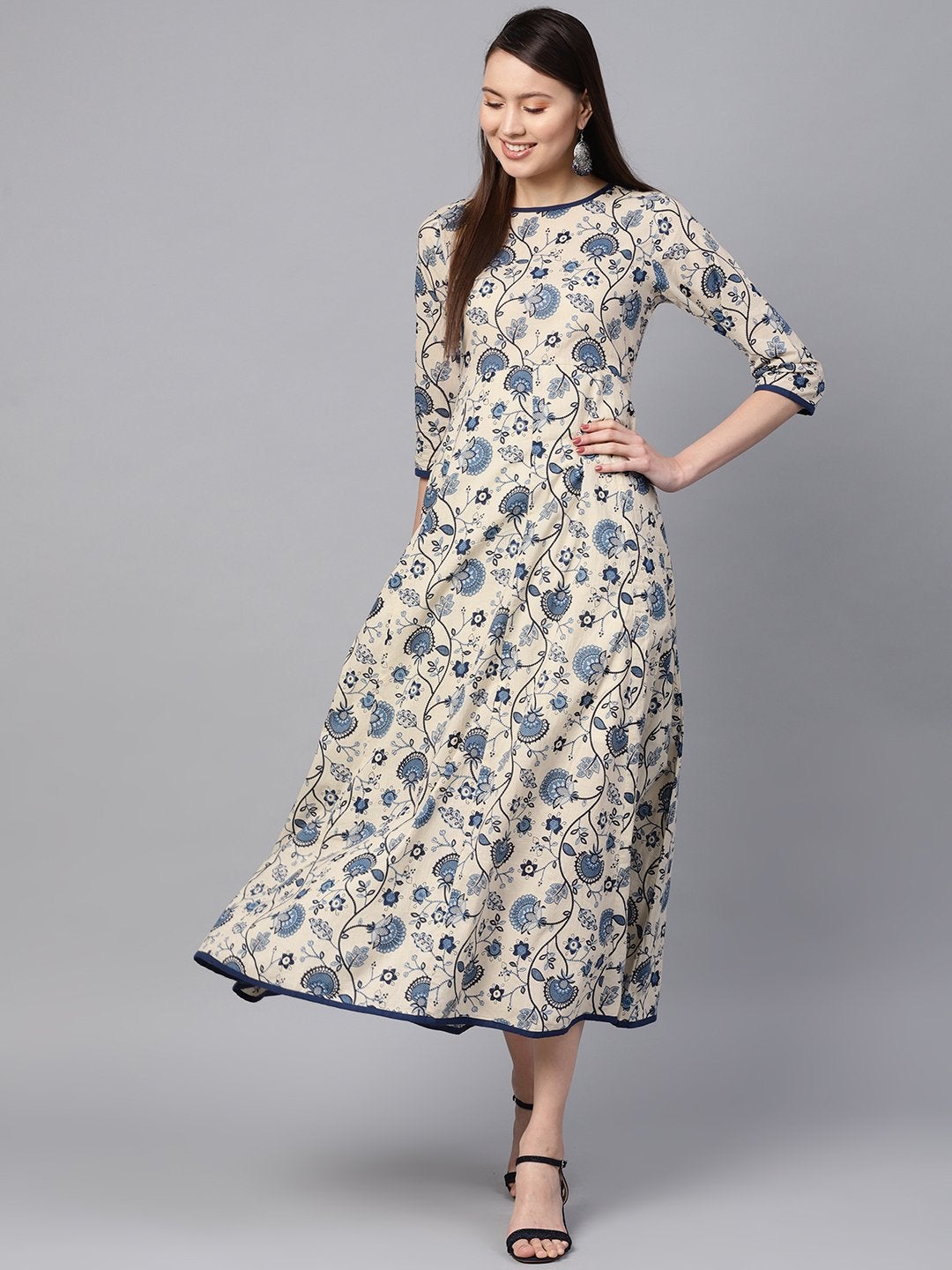 Women's Navy Paisley Flared Midi Dress - SASSAFRAS