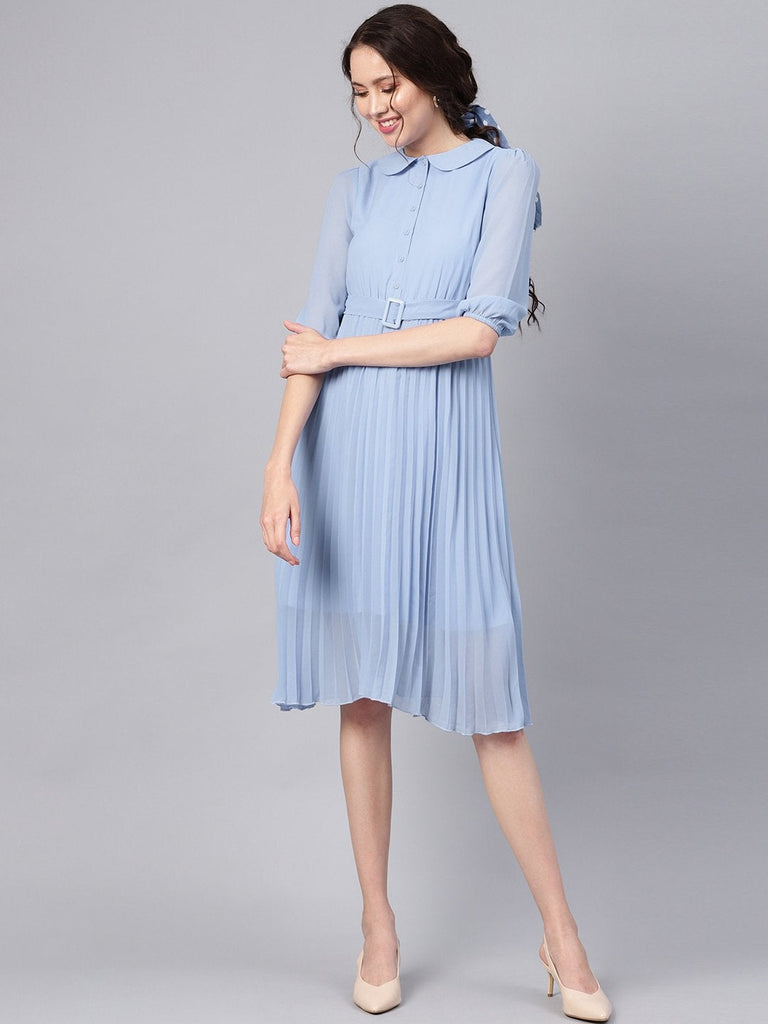 Women's Blue Peterpan Pleated Belted Midi Dress