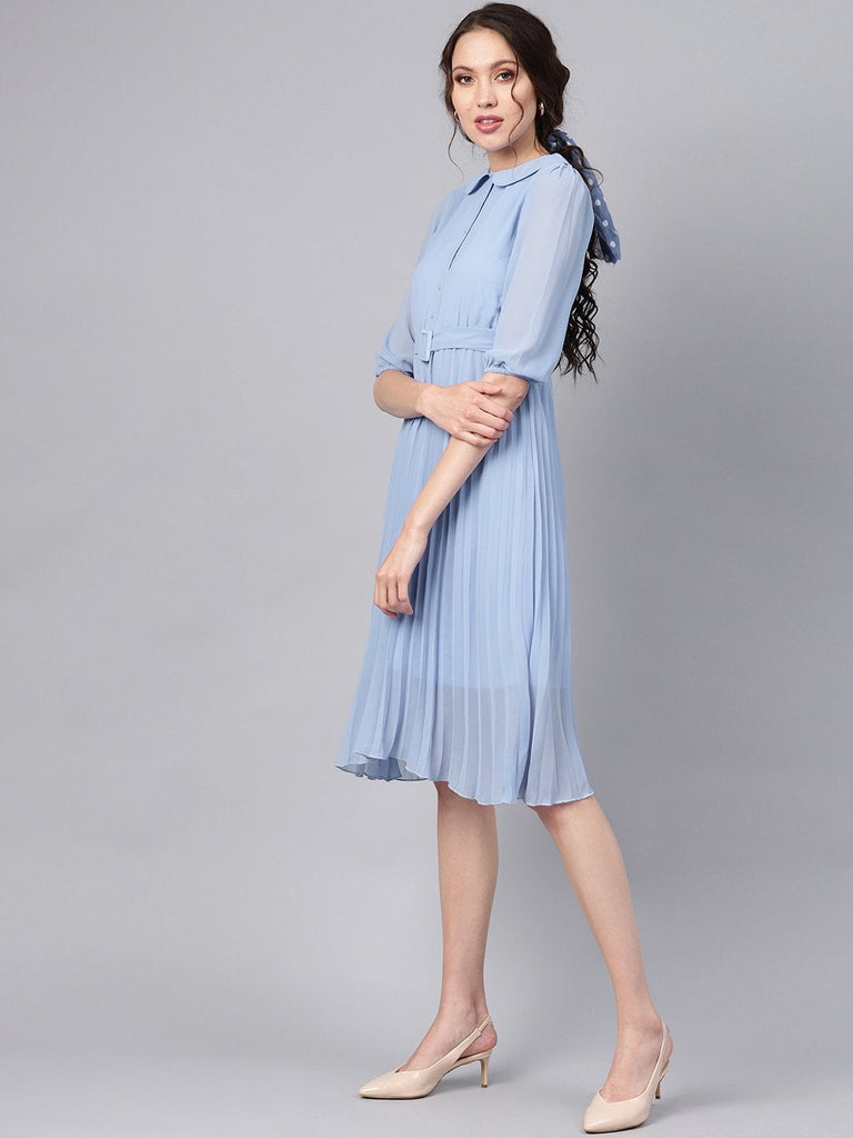Women's Blue Peterpan Pleated Belted Midi Dress