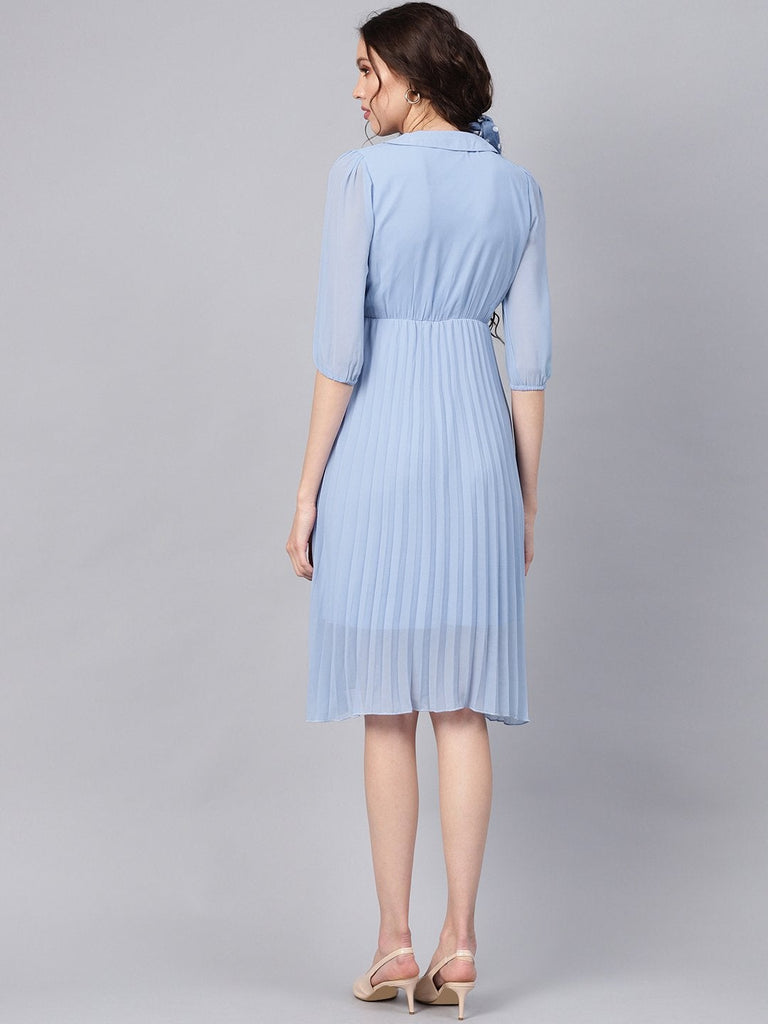 Women's Blue Peterpan Pleated Belted Midi Dress