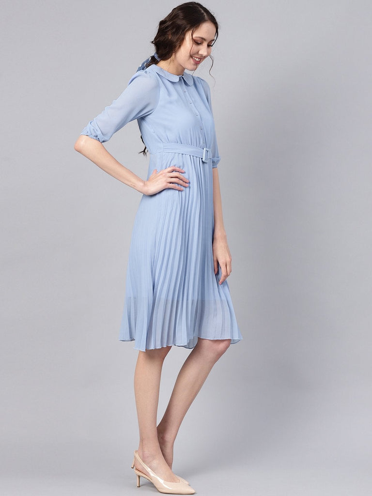 Women's Blue Peterpan Pleated Belted Midi Dress