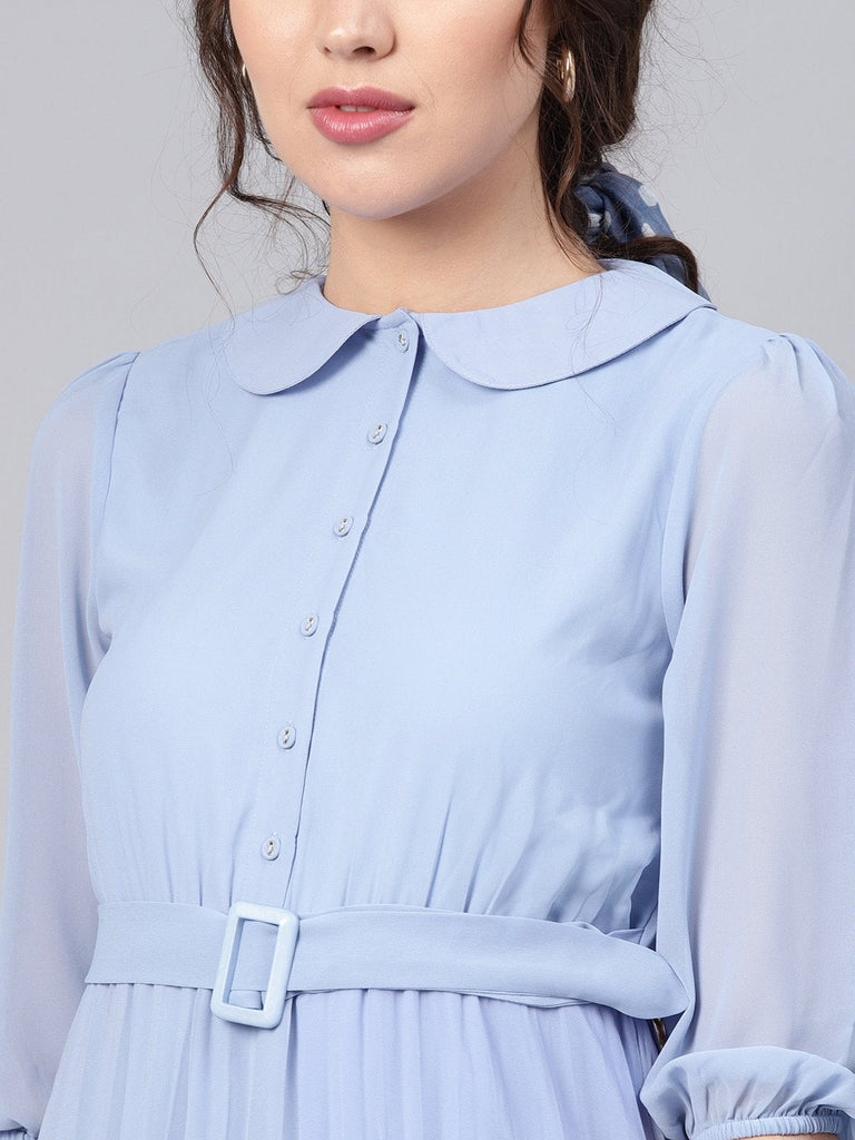 Women's Blue Peterpan Pleated Belted Midi Dress