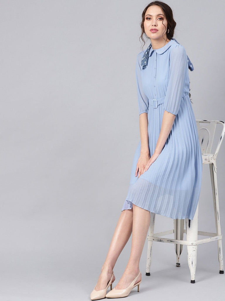 Women's Blue Peterpan Pleated Belted Midi Dress