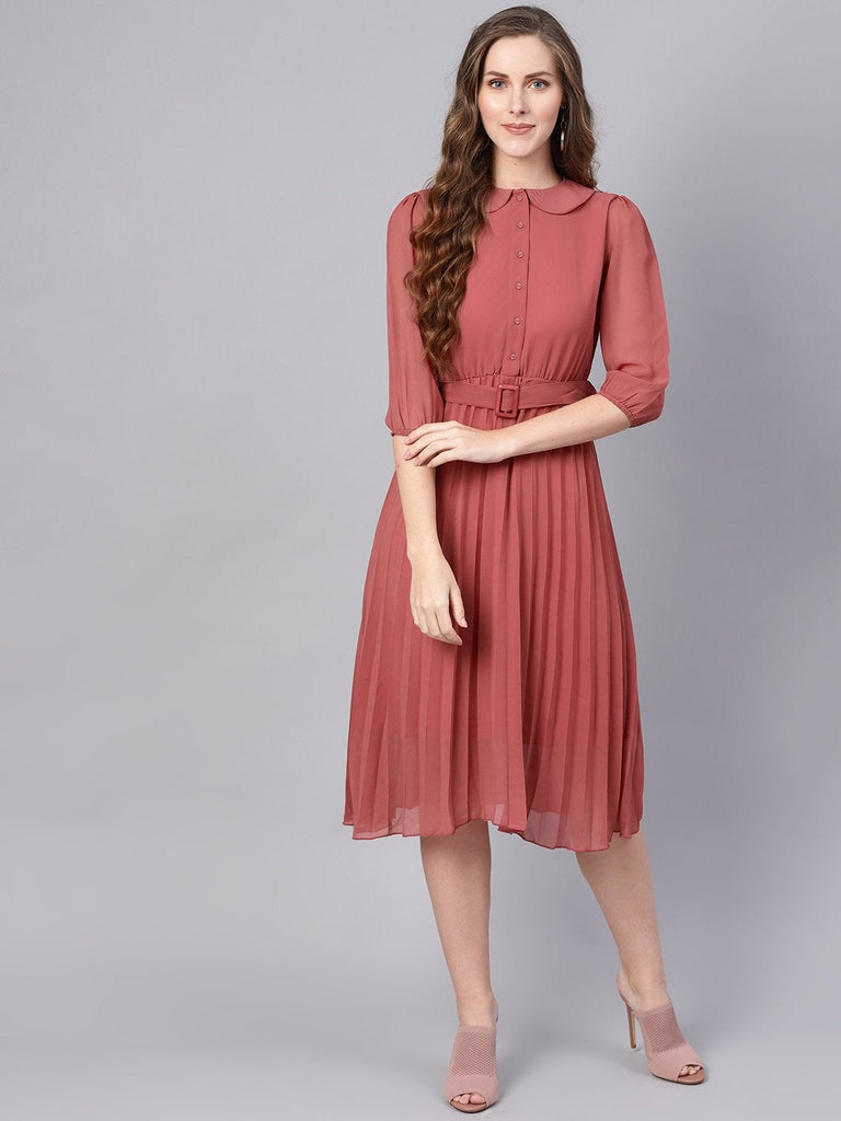 Women's Rose Pink Peterpan Belted Pleated Midi Dress