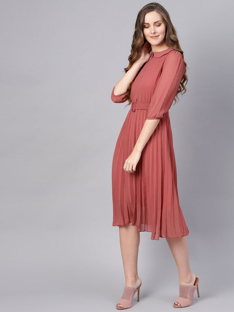 Women's Rose Pink Peterpan Belted Pleated Midi Dress