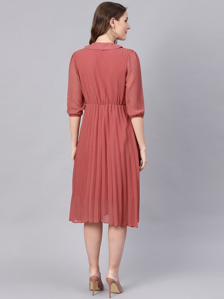 Women's Rose Pink Peterpan Belted Pleated Midi Dress