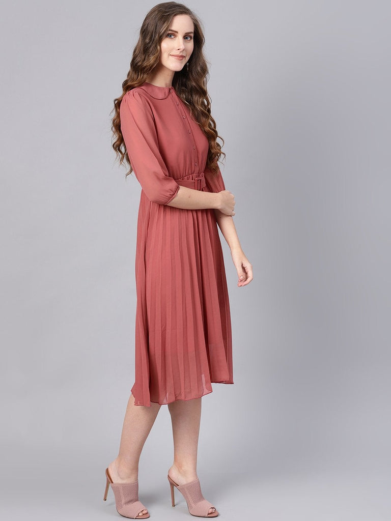 Women's Rose Pink Peterpan Belted Pleated Midi Dress