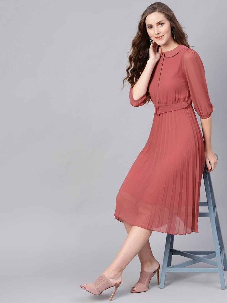 Women's Rose Pink Peterpan Belted Pleated Midi Dress