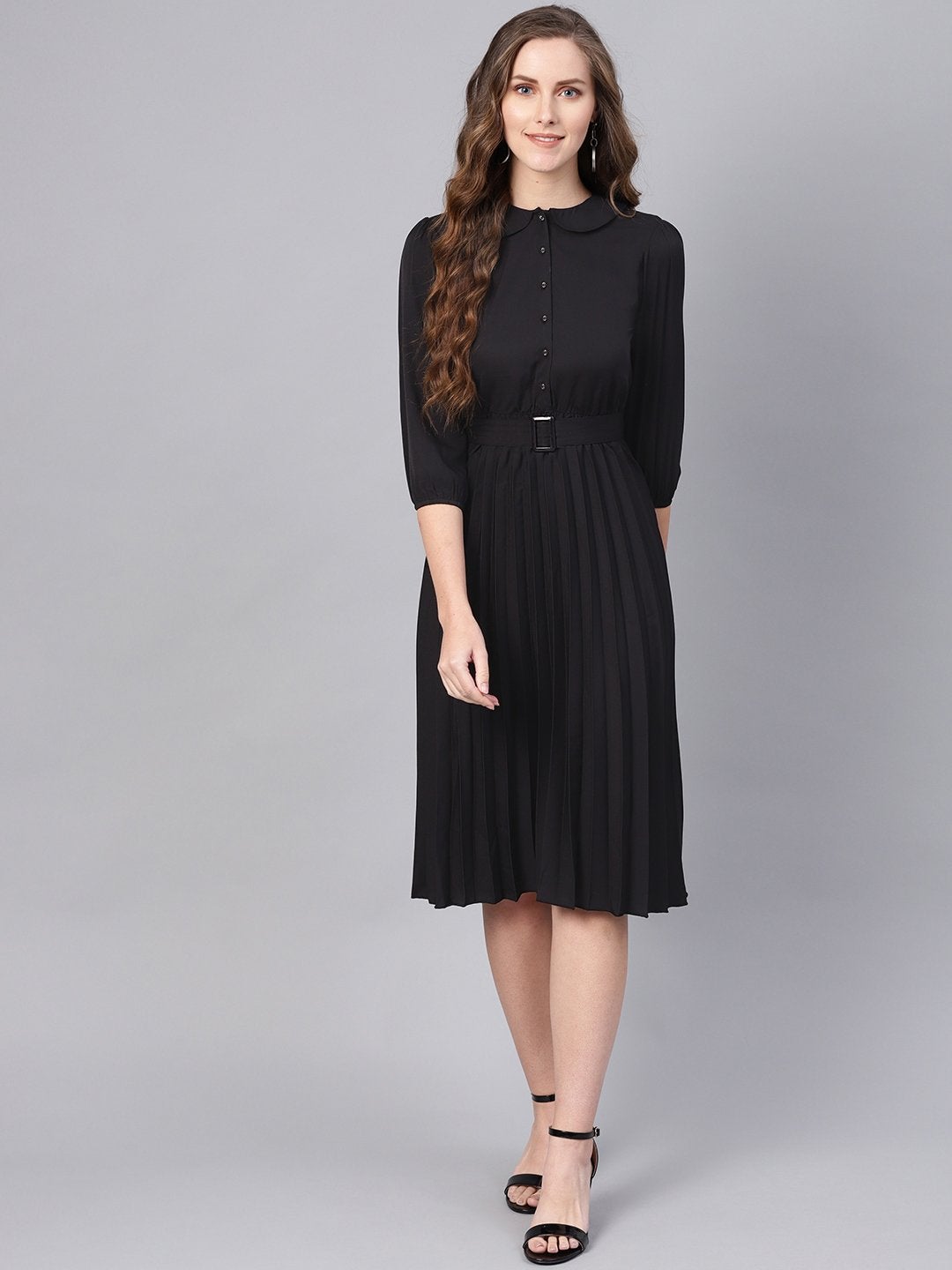 Buy Women'S Black Peterpan Belted Pleated Midi Dress - Sassafras-Fashion  Online at Best Price