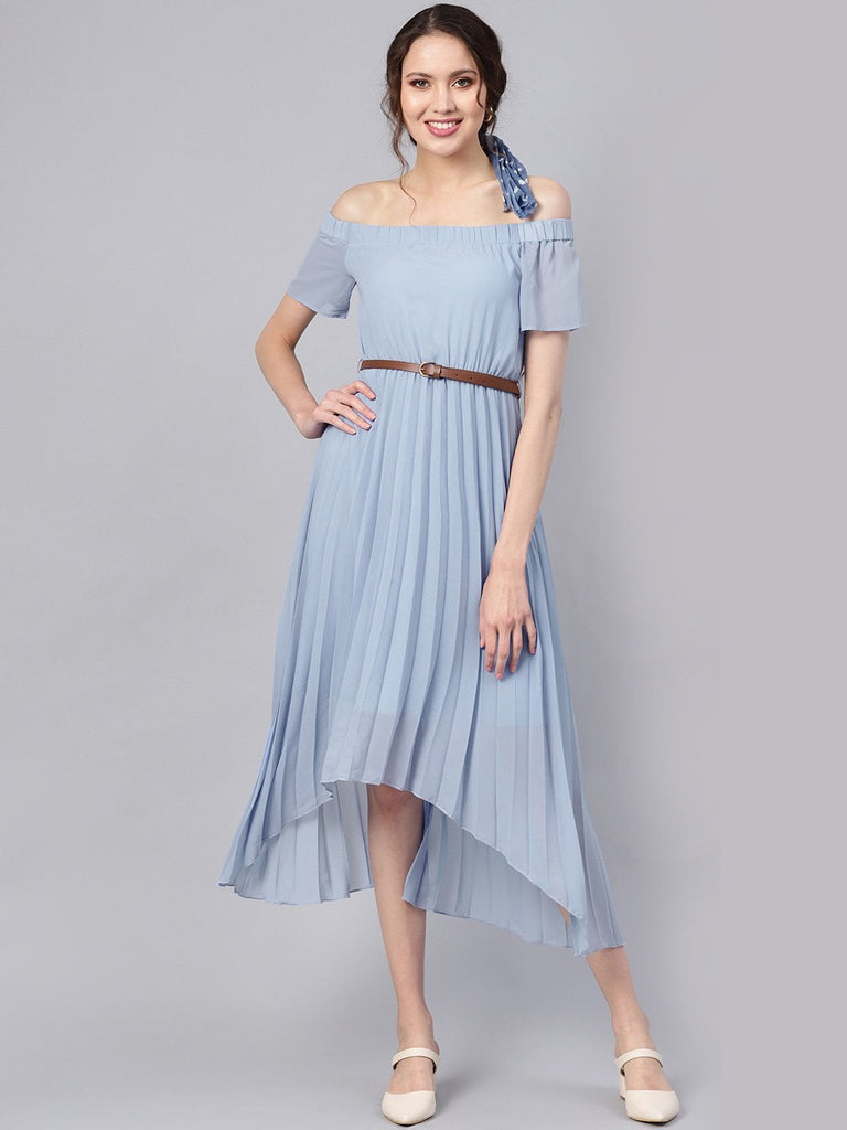 Women's Blue Off Shoulder High Low Belted Pleated Dress