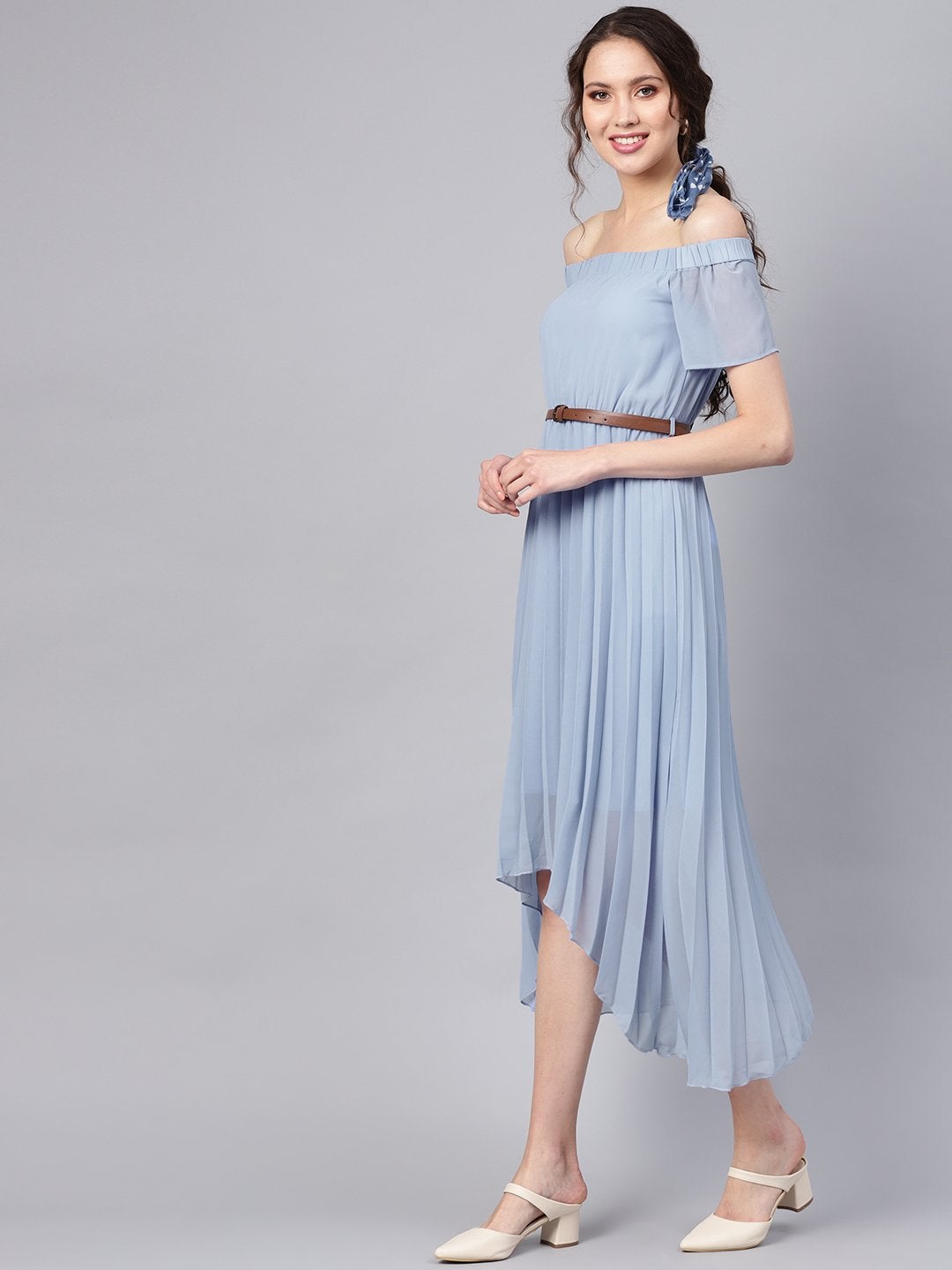 Women's Blue Off Shoulder High Low Belted Pleated Dress - SASSAFRAS