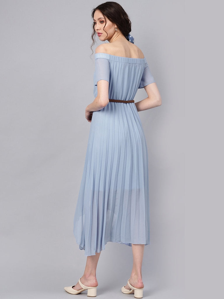 Women's Blue Off Shoulder High Low Belted Pleated Dress