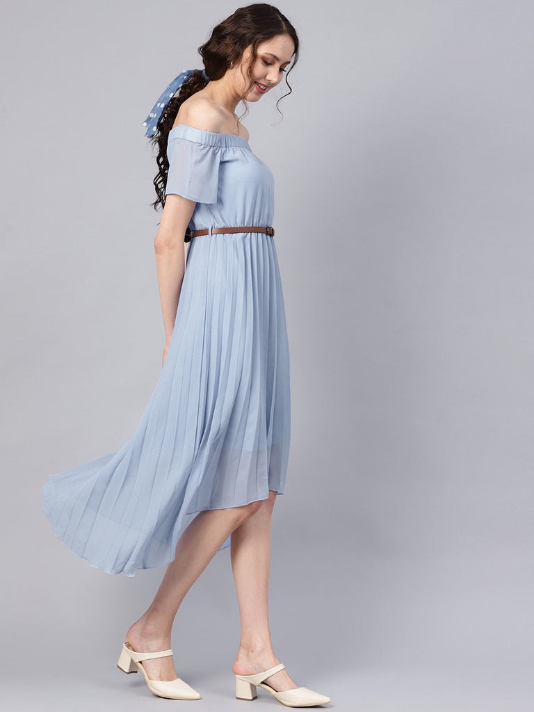 Women's Blue Off Shoulder High Low Belted Pleated Dress