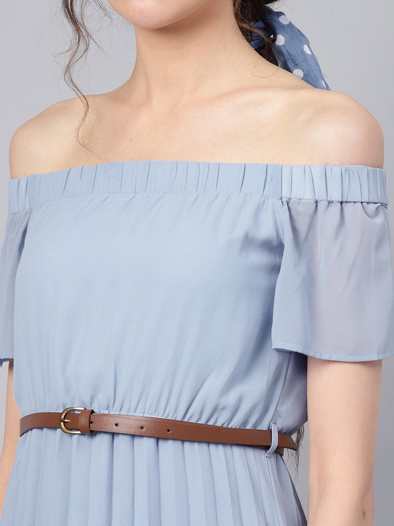 Women's Blue Off Shoulder High Low Belted Pleated Dress