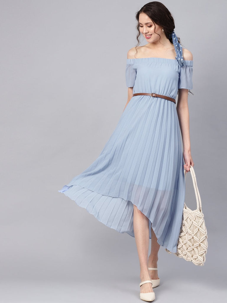 Women's Blue Off Shoulder High Low Belted Pleated Dress