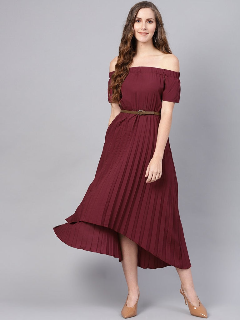 Women's Burgundy Off Shoulder High Low Belted Pleated Dress