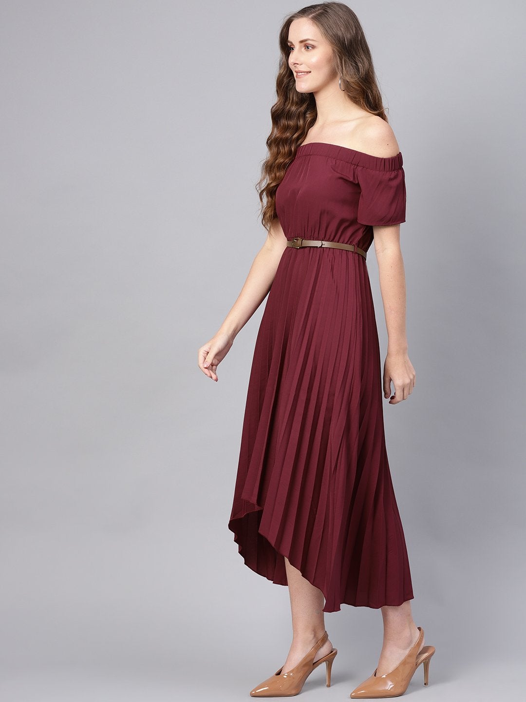 Women's Burgundy Off Shoulder High Low Belted Pleated Dress - SASSAFRAS