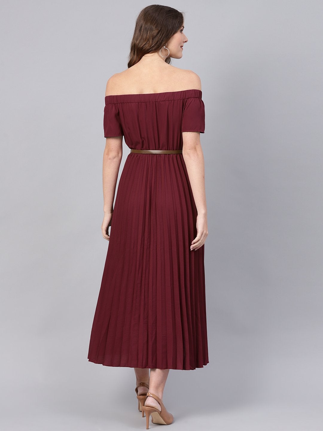 Women's Burgundy Off Shoulder High Low Belted Pleated Dress - SASSAFRAS