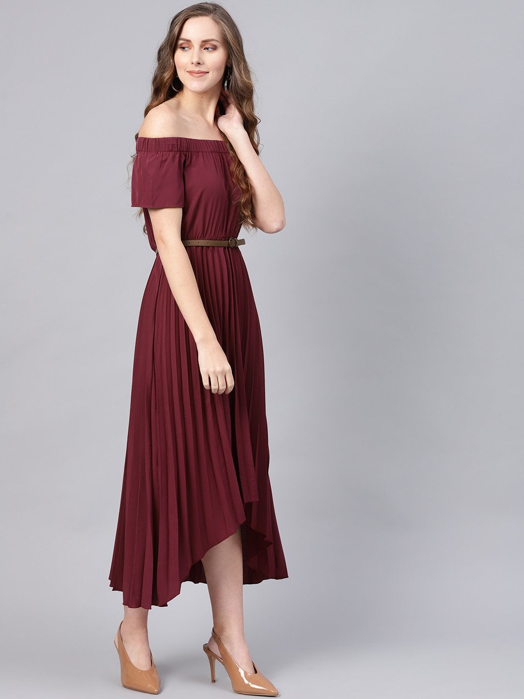 Women's Burgundy Off Shoulder High Low Belted Pleated Dress - SASSAFRAS