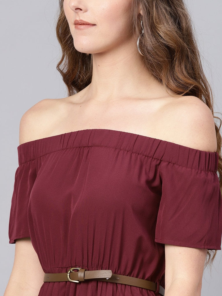 Women's Burgundy Off Shoulder High Low Belted Pleated Dress