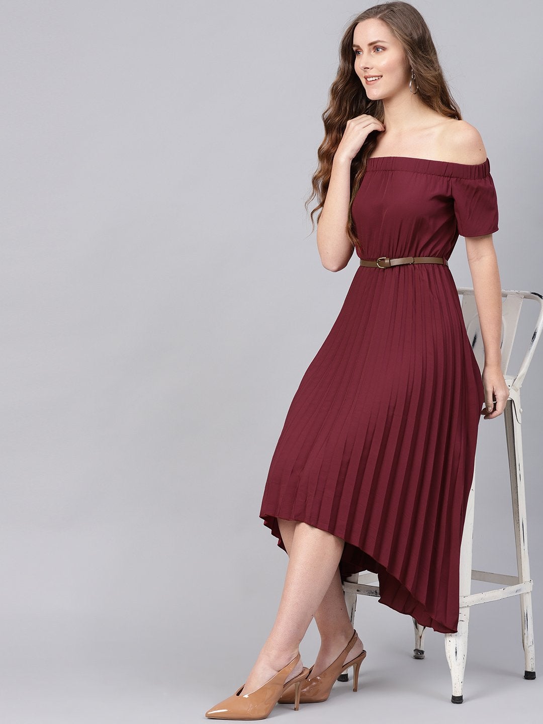 Women's Burgundy Off Shoulder High Low Belted Pleated Dress - SASSAFRAS