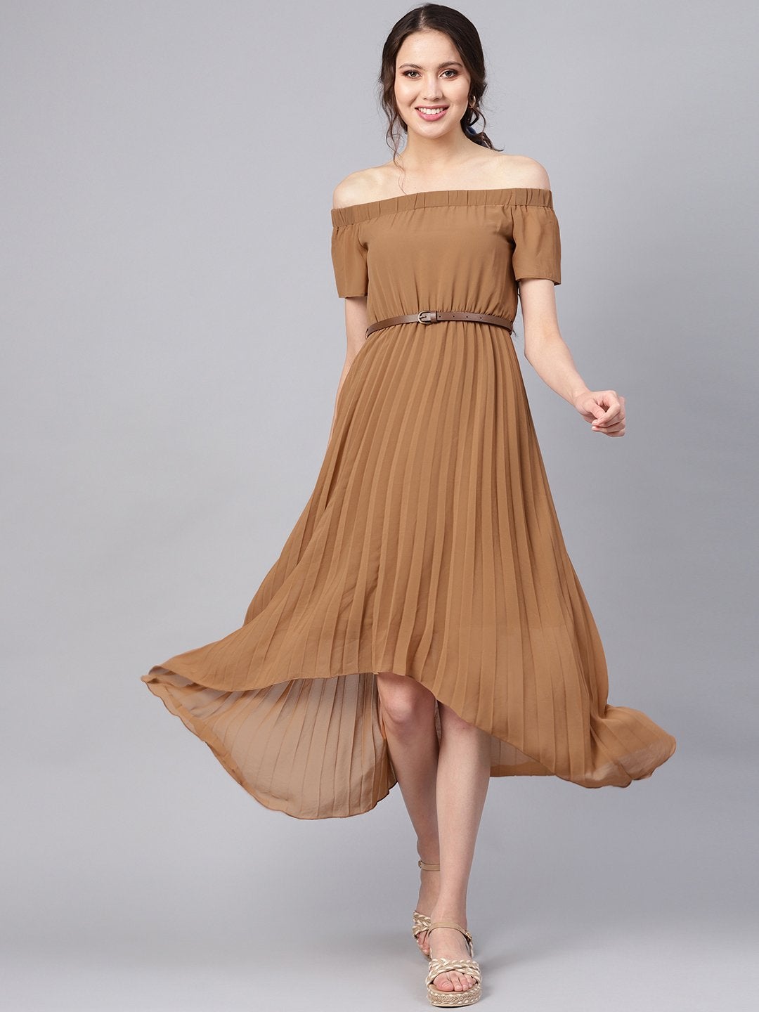 Women's Brown Off Shoulder High Low Belted Pleated Dress - SASSAFRAS